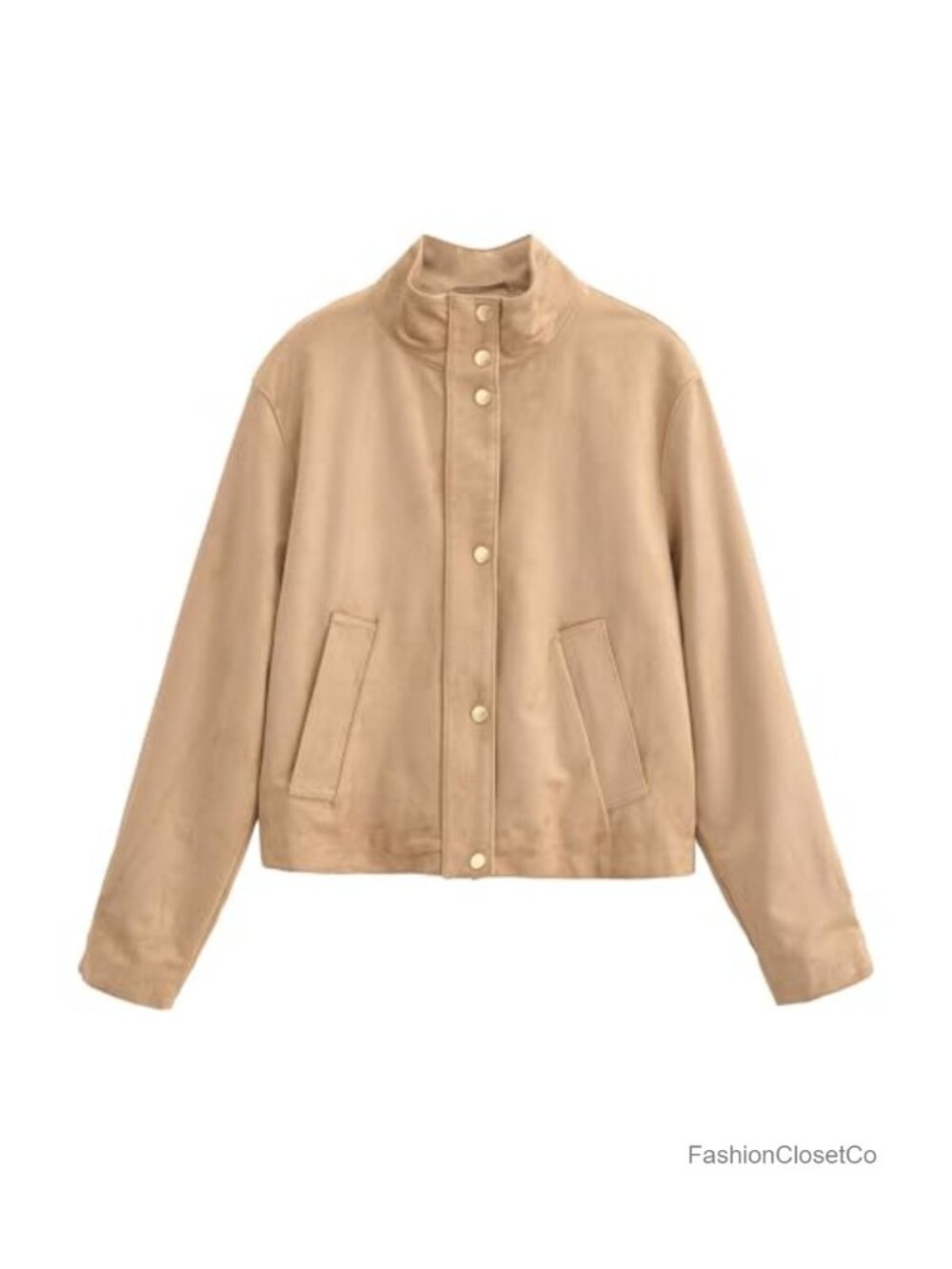 Faux Suede Cropped High Neck Utility Jacket Button Front Pockets